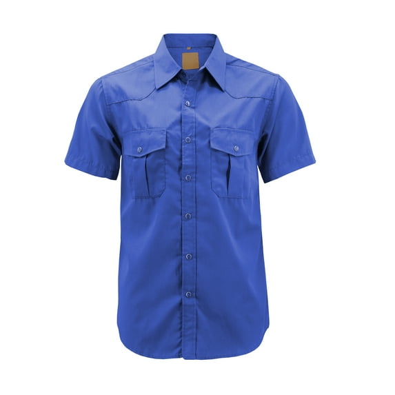 Men’s Casual Western Pearl Snap Button Down Short Sleeve Cowboy Dress Shirt (Royal Blue #8, 4XL)