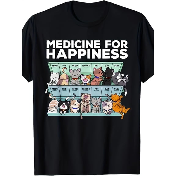 Men's Casual Wholesome "MEDICINE FOR HAPPINESS" Text With Cute Cats In Pill Organizer Graphic Tees Print T - shirts Comfortable Shirts