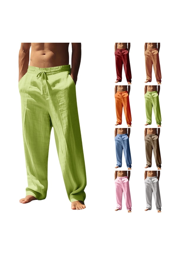 Men's Casual Wide Leg Cotton Linen Pants Stretch Waist Drawstring Lightweight Work Slacks Trousers with Pockets, Fluorescent Green M