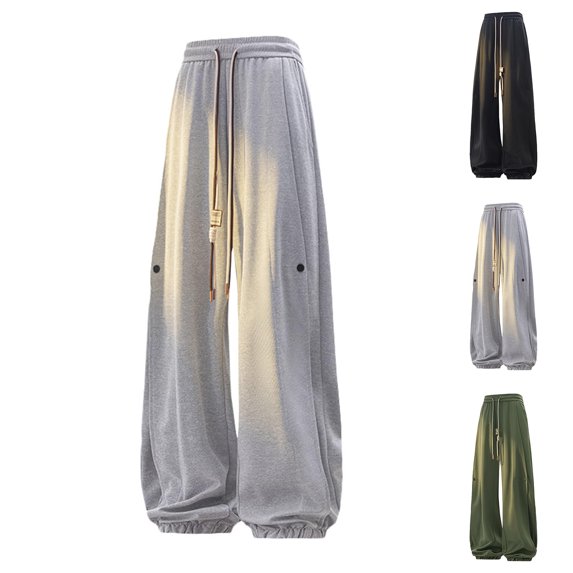 Men's Casual Wide-leg Drawstring Pants with Pockets, Versatile Loose Fit Breathable Trousers for Home, Lounge and Spring Summer Comfort,Black,L