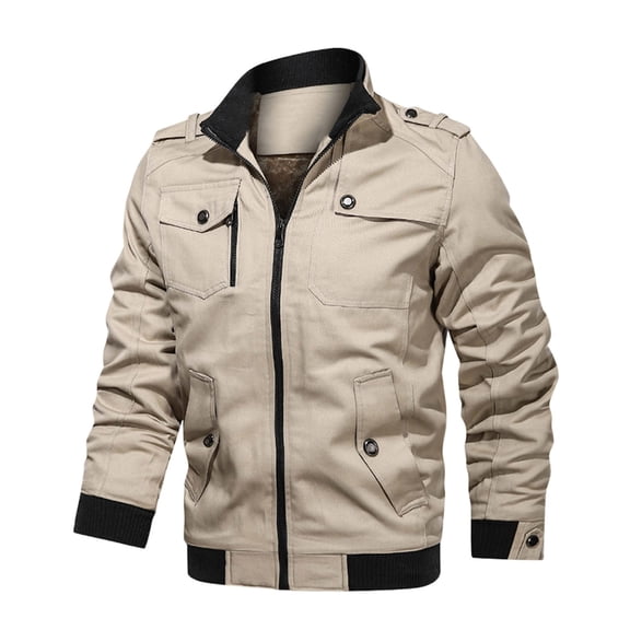 Men's Casual Windbreaker Jacket Full Zip Stand Collar Long Sleeve Loose Fit Padded Coat with Pockets Lightweight Outdoor Sport