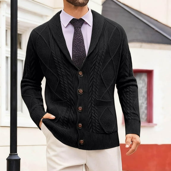 Men's Casual Wool Blend Long Sleeve Shawl Collar Buttons Down Cable Knit Cardigan Sweater