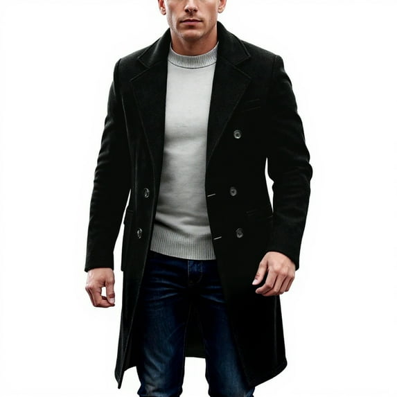 Men's Casual Wool-Blend Overcoat with Pockets, Black, Size XXL