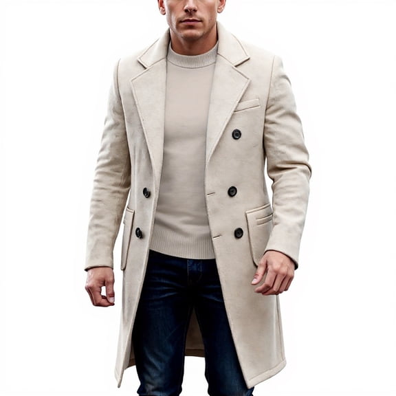 Men's Casual Wool-Blend Overcoat with Pockets, Khaki, Size S