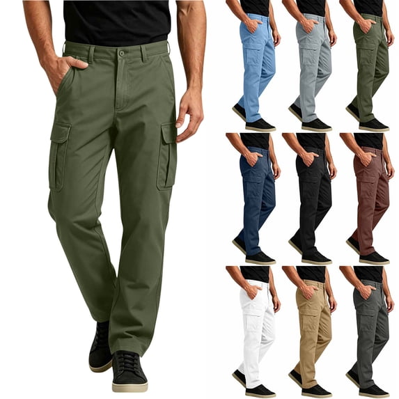 Men's Casual Work Pants with Side Pockets Comfortable Elastic Waistband Straight Fit for Daily Wear
