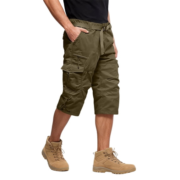 Men’s Casual Workwear Multi Pocket Knee Length Cargo Pants Relaxed Fit Outdoor Utility Trousers for Daily Wear