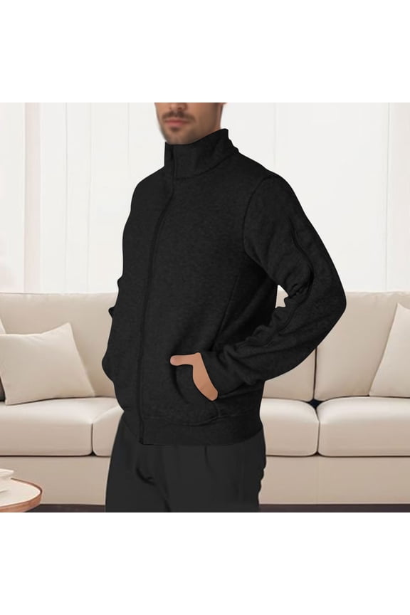 Men's Casual Zip Up Jacket with Standing Collar, Dual Arm Zippers, and Pockets, 100% Polyester Sweatshirt for Men, Long Sleeve Lightweight Coat for Daily Wear