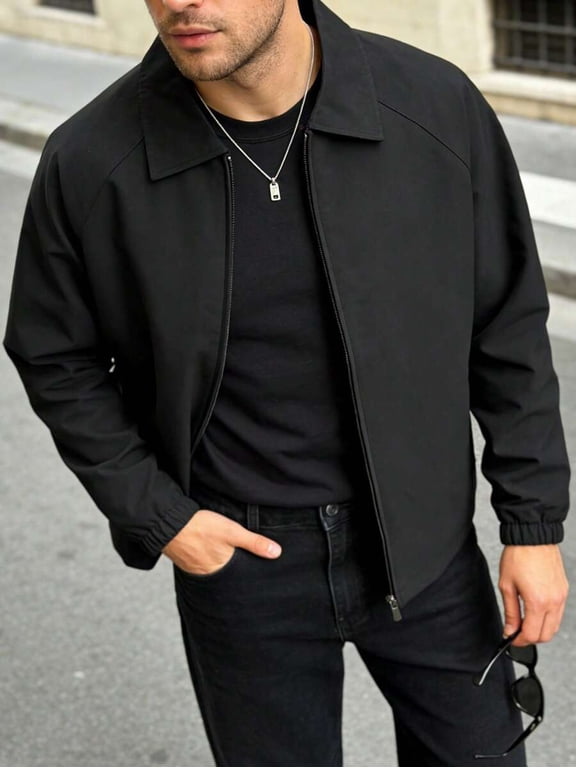 Men's Casual Zip-Up Coach Jacket with Lapel Collar, Lightweight Outerwear for Autumn