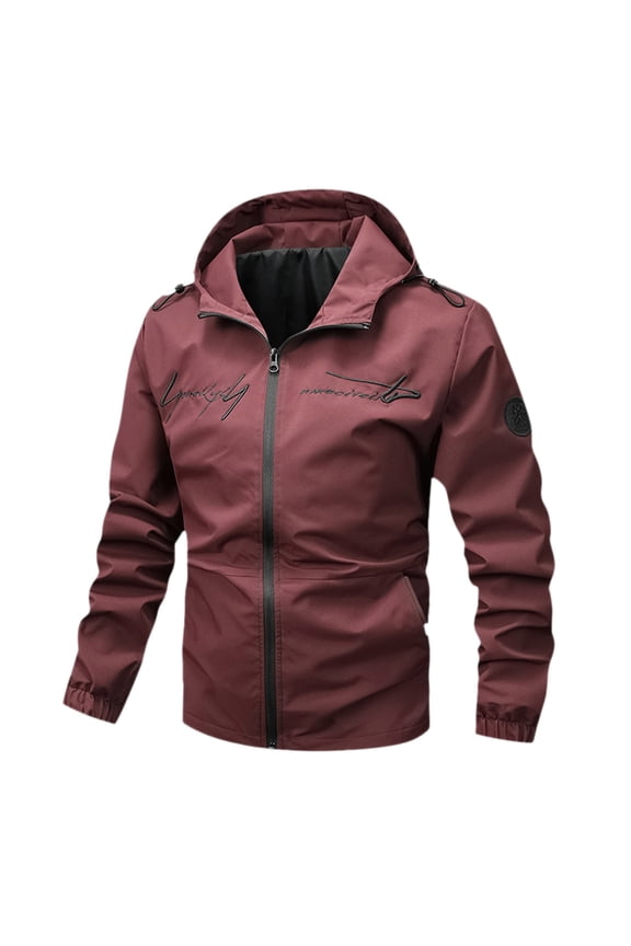 Men's Casual Zip Up Jacket Letter Print Neck Lightweight Long Sleeve Outerwear for Fall Winter Regular Fit with Pockets