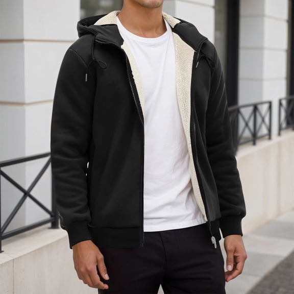 Men's Casual Zip Up Sherpa Lined Hoodie Sweatshirt Jacket (Black L)