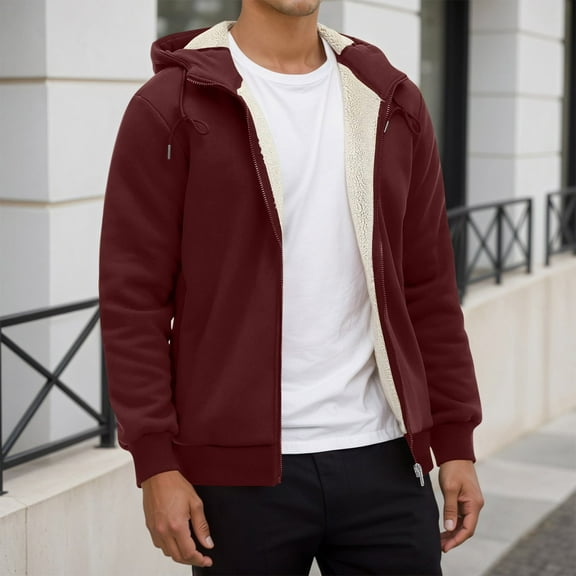 Men's Casual Zip Up Sherpa Lined Hoodie Sweatshirt Jacket (Wine XL)