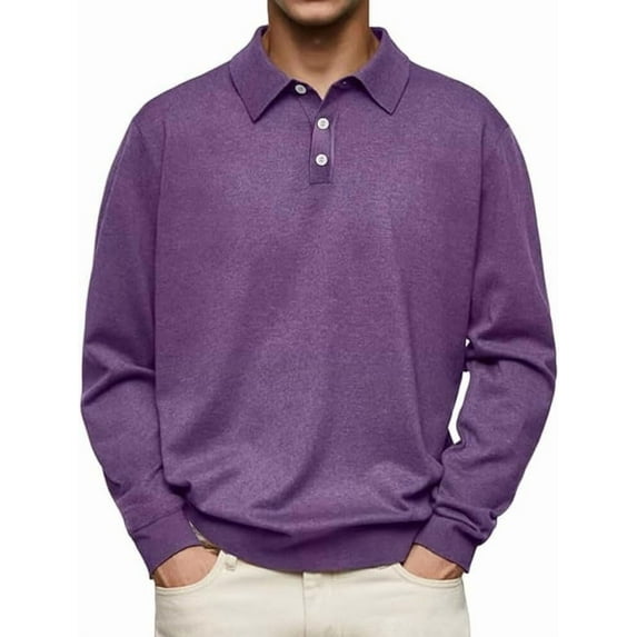 Men's Casual and Comfortable Solid Color Lapel Long Sleeve Polo Shirt, Men's Cashmere Polo Shirt