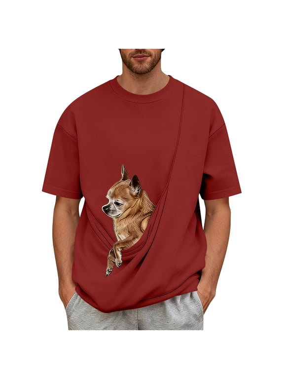 Men's Cat Dog Pocket Carrier Soothe Crew Neck Short Sleeve Kangaroo T Shirt Wine