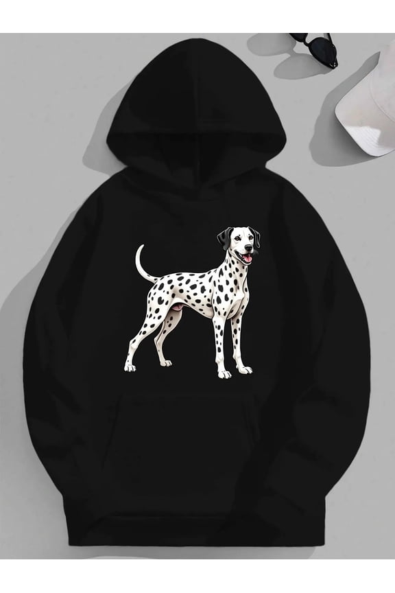 Men's Cat & Dog Print Hooded Sweatshirt - Big-Eared Animal Design Hoodie, Loose Fit Casual Winter Warmth, Black Polyester Pullover with Cat/Dog Face for Casual Attire (Machine Washable)