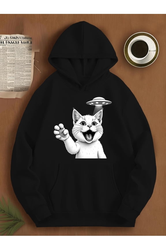 Men's Cat & UFO Alien-Themed Hoodie with Selfie Print - Casual Pullover Hooded Sweatshirt, Long Sleeve All-Season Wear, Machine Washable Funny Novelty Sweater for Cat Lovers & Sci-Fi Fans