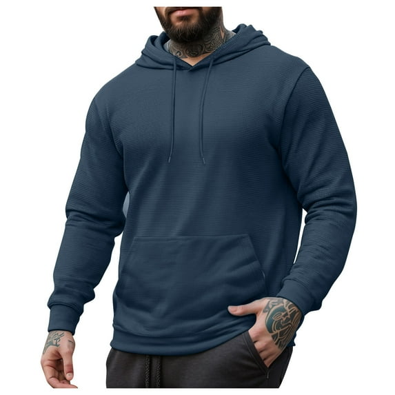 Men's Causal Pullover Hoodie Lightweight Solid Color Hooded Sweatshirt Tops Long Sleeve Waffle-Knit Linen Henley Shirts