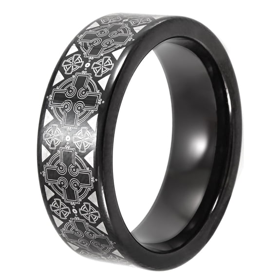 Men's Celtic Cross Pattern Band in Black Tungsten - Mens Ring