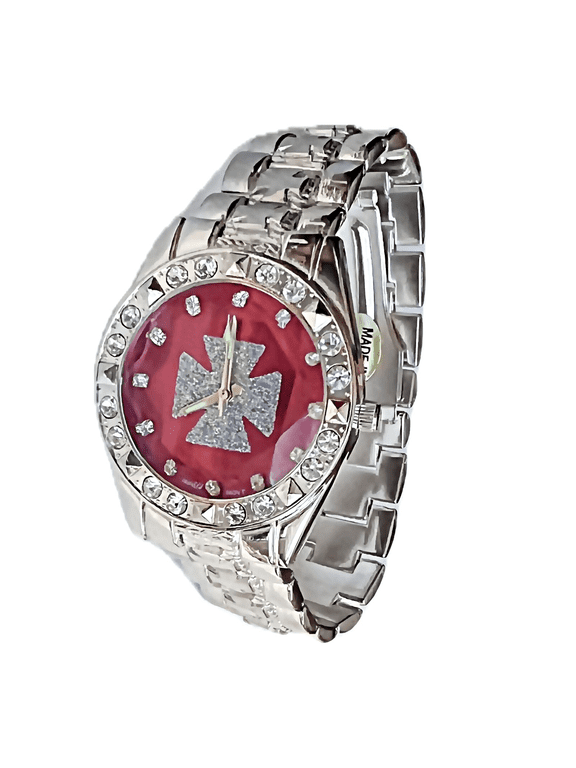 Men's Celtic Cross Red Dial Face Watch CZ Iced Bling Out Silver Tone 8" Inch