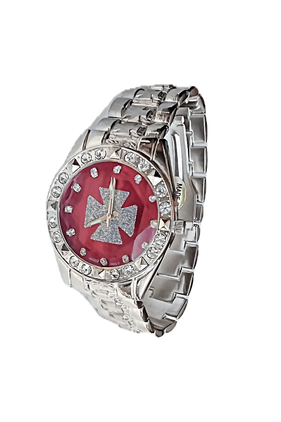 Men's Celtic Cross Red Dial Face Watch CZ Iced Bling Out Silver Tone 8" Inch