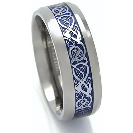 Men's Celtic Dragon Titanium Wedding Ring Blue Fiber Band 8MM Comfort Fit (11)