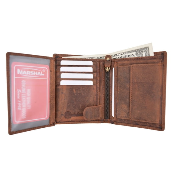 Men's Chain Biker Vintage Leather RFID Blocking European Style Bifold Trifold Wallet with ID Window