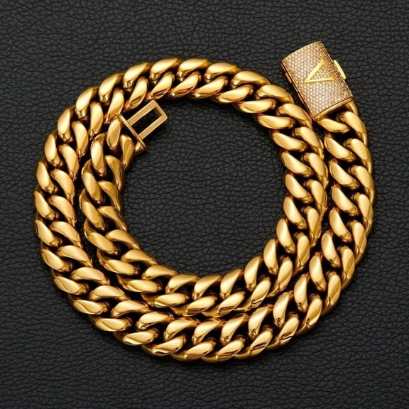 Men‘s Chain Necklace with Initial Letter Clasp 14mm Cuban Link Golden Stainless Steel