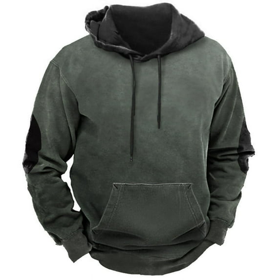 Men's Chamois Hooded Sweatshirt Solid Color Long Sleeve Pullover Color Block Sweatshirt Vintage Fleece Hoodie Tops