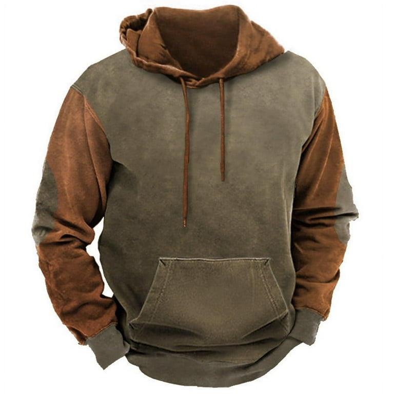 Men s Chamois Hooded Sweatshirt Solid Color Long Sleeve Pullover Color Block Sweatshirt Vintage Fleece Hoodie Tops Walmart
