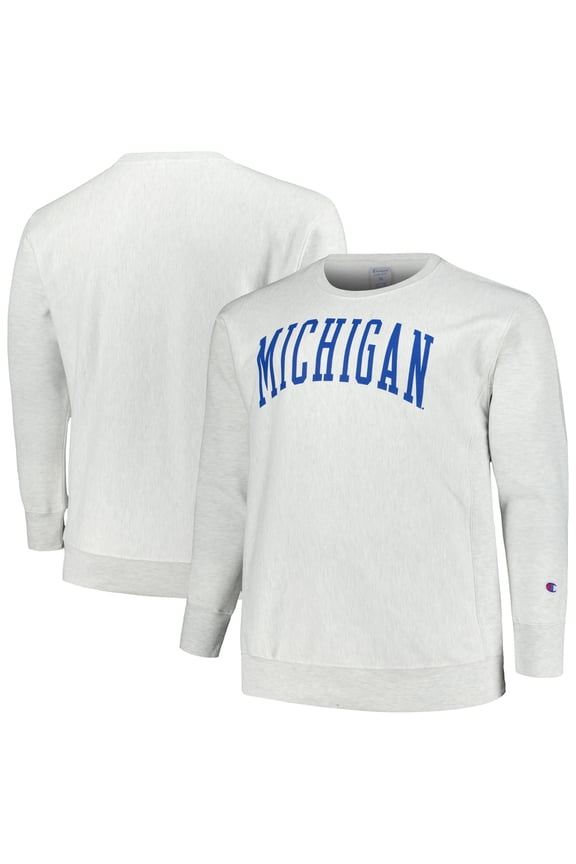 Men's Champion Ash Michigan Wolverines Big & Tall Reverse Weave Fleece Crewneck Pullover Sweatshirt