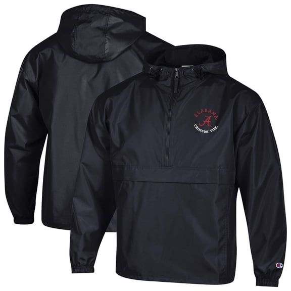 Men's Champion Black Alabama Crimson Tide Packable Hooded Windbreaker Half-Zip Jacket