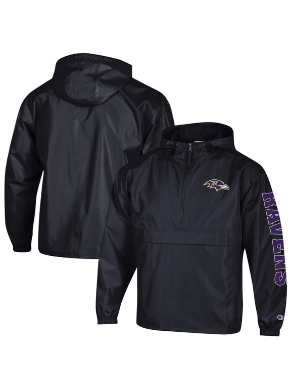 Men's Champion Black Baltimore Ravens Packable Hooded Windbreaker Half-Zip Jacket