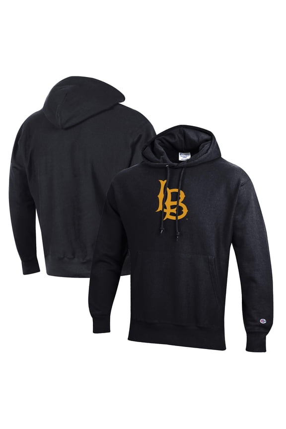 Men's Champion Black Cal State Long Beach The Beach Reverse Weave Fleece Pullover Hoodie