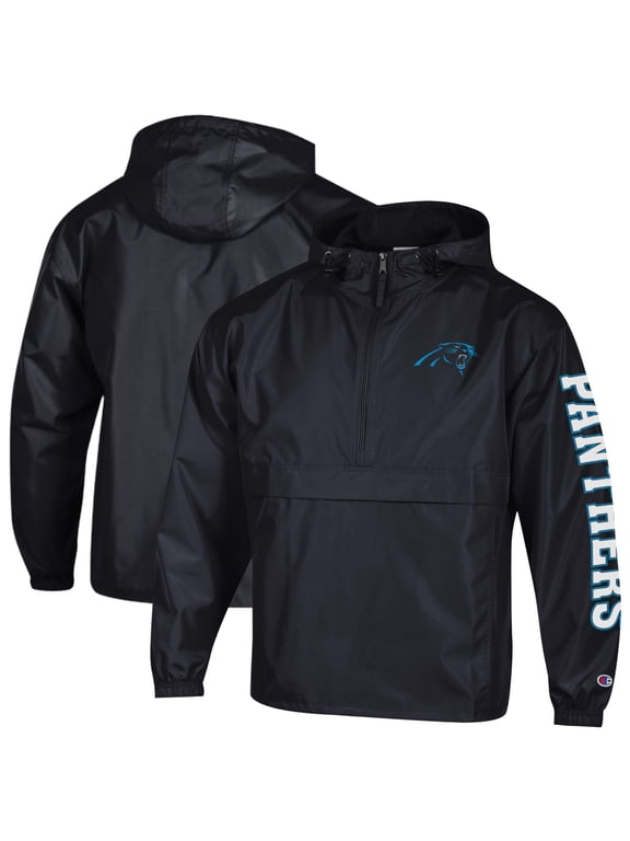 Men's Champion Black Carolina Panthers Packable Hooded Windbreaker Half-Zip Jacket