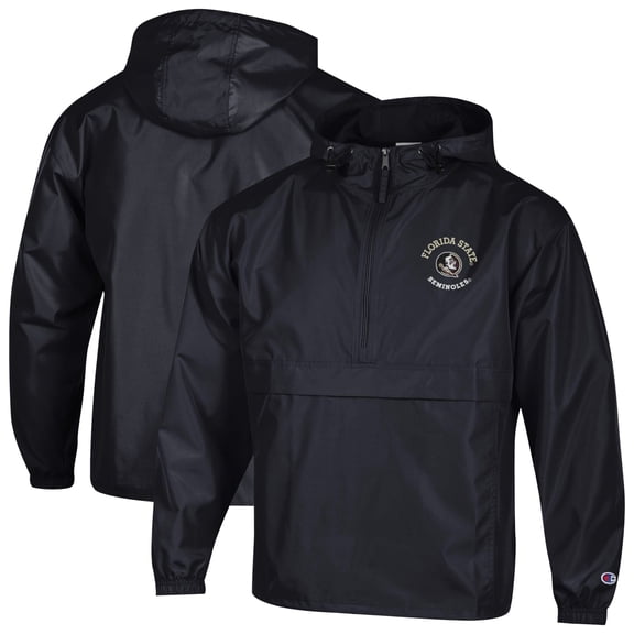 Men's Champion Black Florida State Seminoles Packable Hooded Windbreaker Half-Zip Jacket