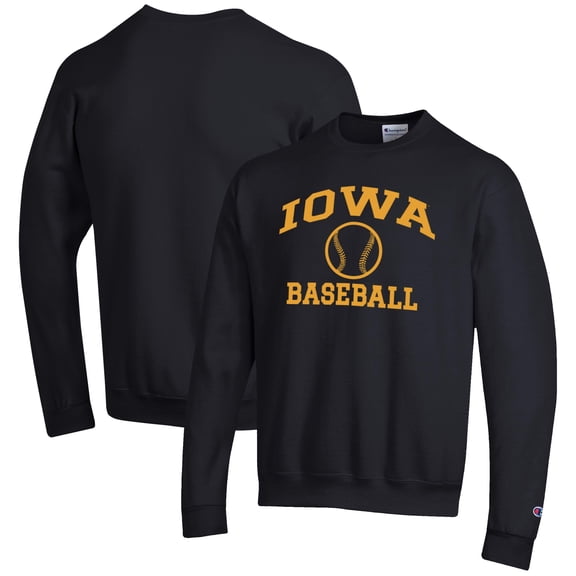 Men's Champion Black Iowa Hawkeyes Baseball Icon Crewneck Pullover Sweatshirt