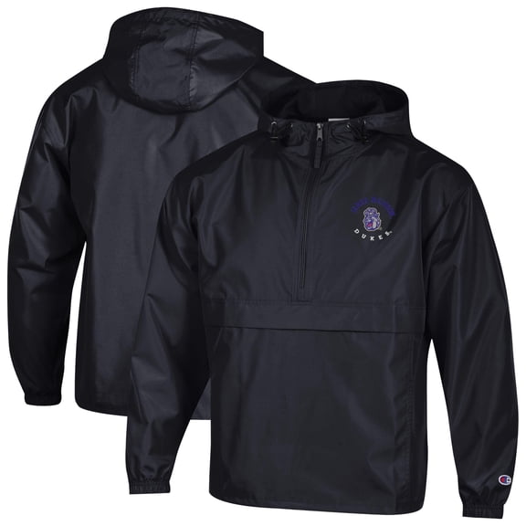 Men's Champion Black James Madison Dukes Embroidered Half-Zip Hooded Packable Jacket