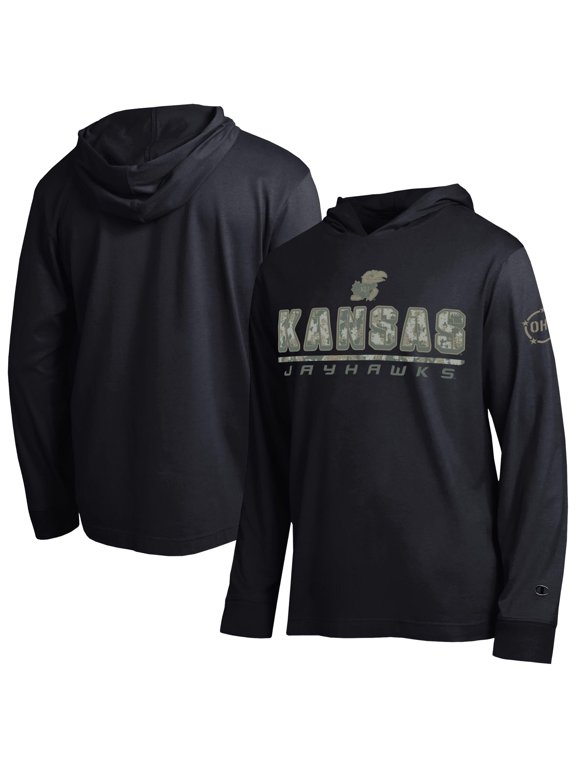 Men's Champion Black Kansas Jayhawks Operation Hat Trick Camo Script Hooded Long Sleeve T-Shirt