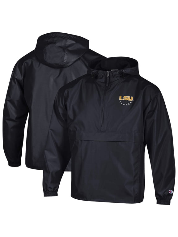 Men's Champion Black LSU Tigers Packable Hooded Windbreaker Half-Zip Jacket