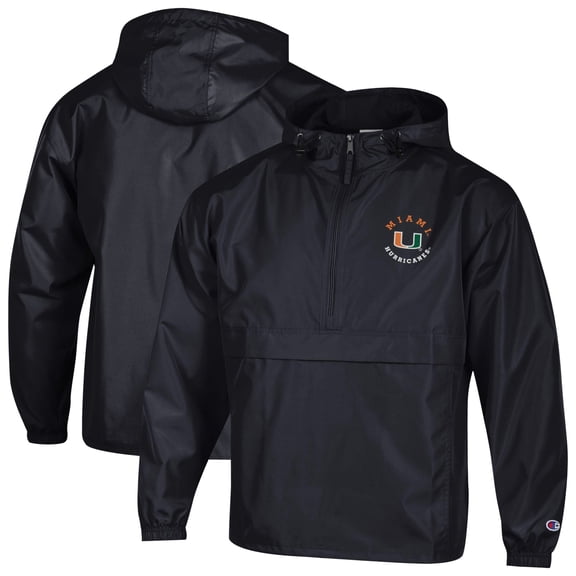 Men's Champion Black Miami Hurricanes Packable Hooded Windbreaker Half-Zip Jacket