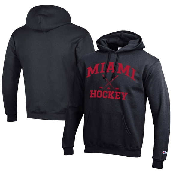 Men's Champion  Black Miami University RedHawks Icon Logo Hockey Eco Powerblend Pullover Hoodie