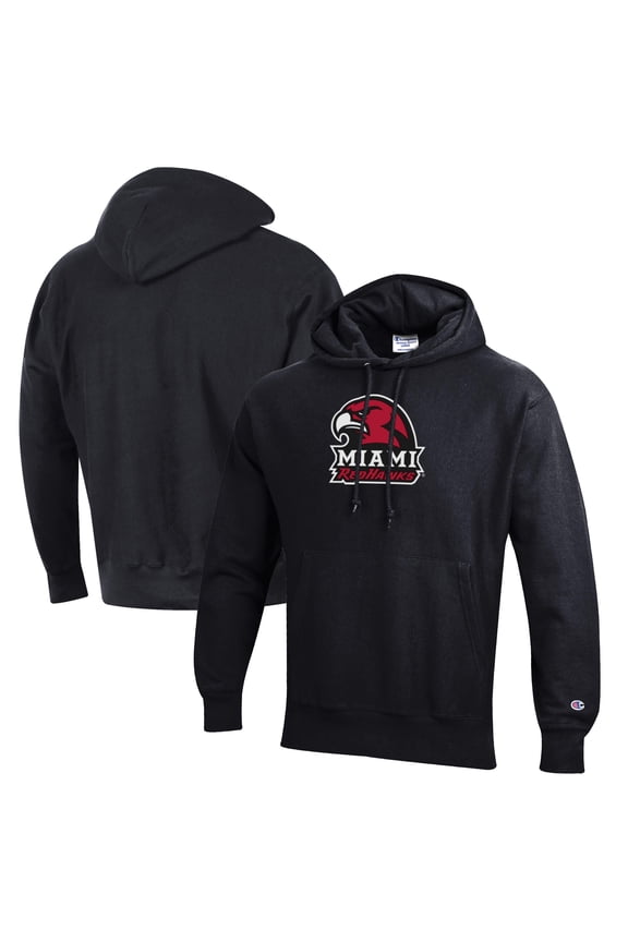 Men's Champion Black Miami University RedHawks Reverse Weave Fleece Pullover Hoodie