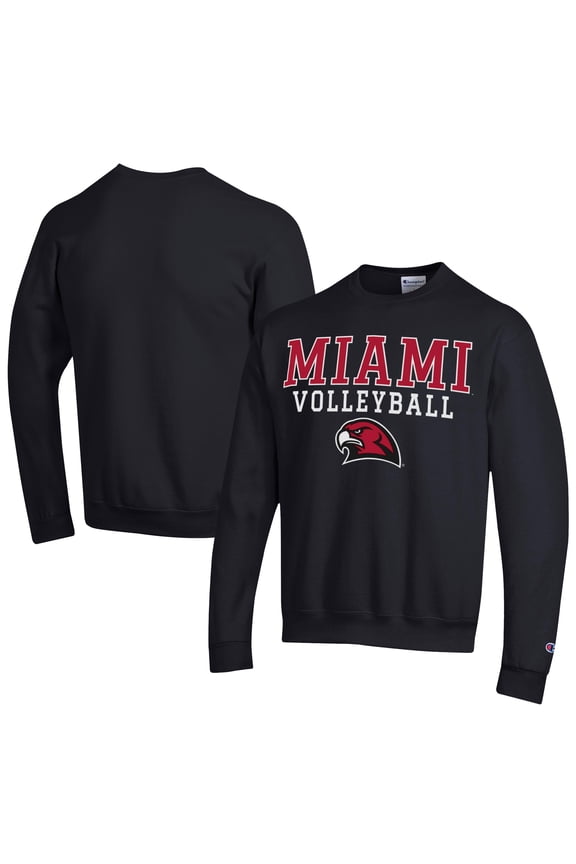 Men's Champion  Black Miami University RedHawks Stacked Logo Volleyball Eco Powerblend Pullover Sweatshirt