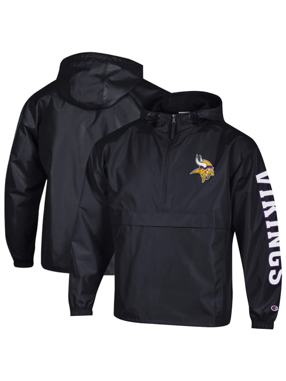 Men's Champion Black Minnesota Vikings Packable Hooded Windbreaker Half-Zip Jacket
