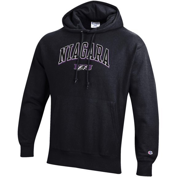Men's Champion Black Niagara Purple Eagles Arch Logo Reverse Weave Hoodie