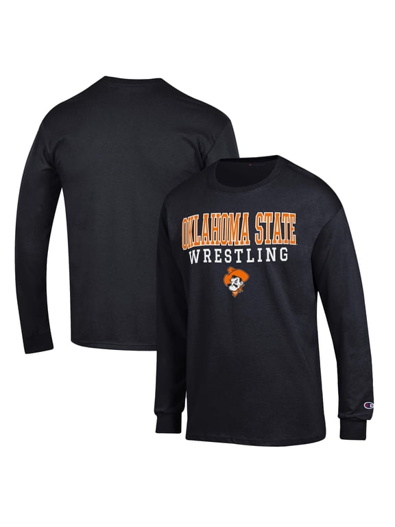 Men's Champion Black Oklahoma State Cowboys Wrestling Stack Logo Long Sleeve T-Shirt