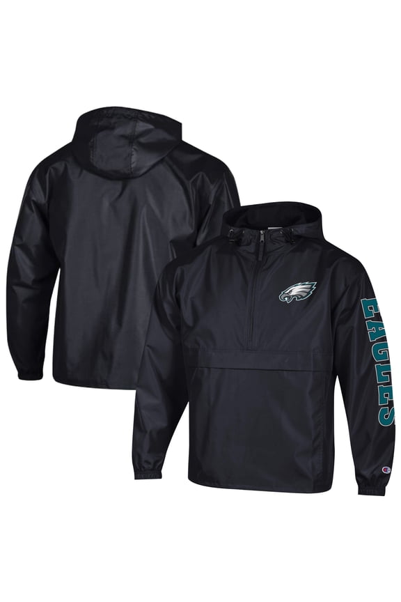 Men's Champion Black Philadelphia Eagles Packable Hooded Windbreaker Half-Zip Jacket