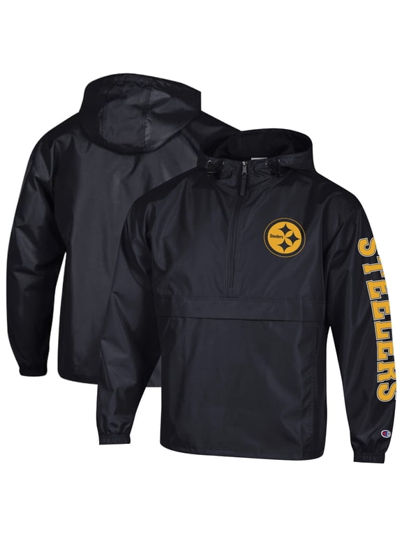 Men's Champion Black Pittsburgh Steelers Packable Hooded Windbreaker Half-Zip Jacket