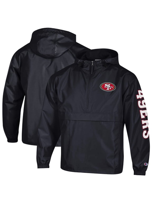 Men's Champion Black San Francisco 49ers Packable Hooded Windbreaker Half-Zip Jacket