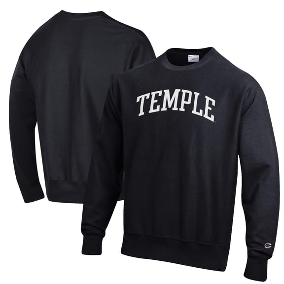 Men's Champion Black Temple Owls Reverse Weave Fleece Crewneck Sweatshirt