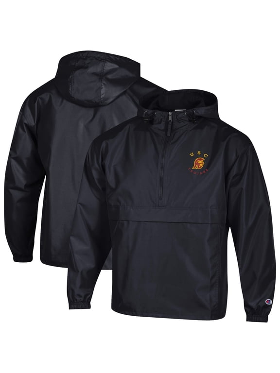 Men's Champion Black USC Trojans Packable Hooded Windbreaker Half-Zip Jacket